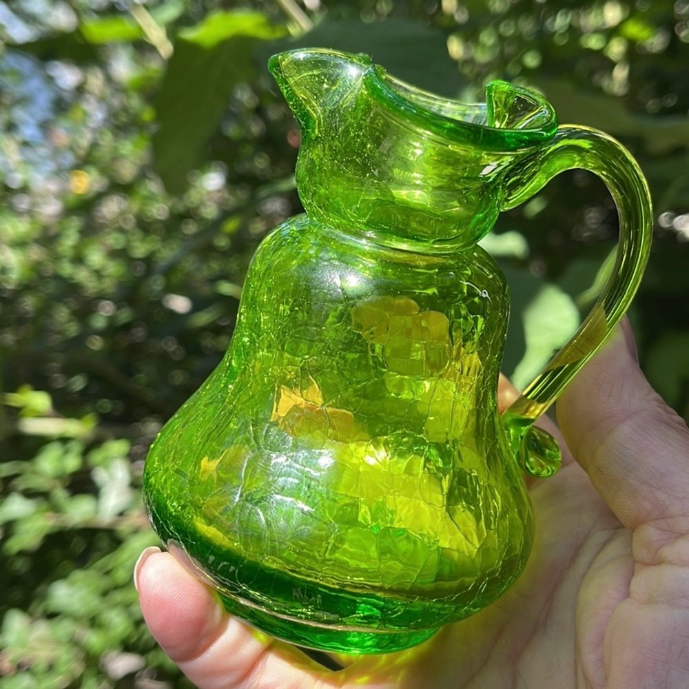 Vintage Green Crackle Glass Pitcher Art Glass - Picture 8 of 8